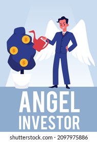 Male with wings in business suit watering money tree plant with gold coins grow on it. Angel investor funding business idea, cartoon flat vector concept.