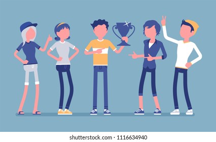 Male winner and supporting friends. Boy celebrating victory, happy to win golden prize, first reward for competition in recognition of outstanding achievement. Vector illustration, faceless characters