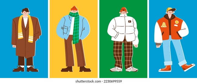 Male winter or autumn fashion set. Vector illustration of stylish men wearing casual clothes such as coats, jackets, scarves. Trendy winter outerwear in cute flat style.