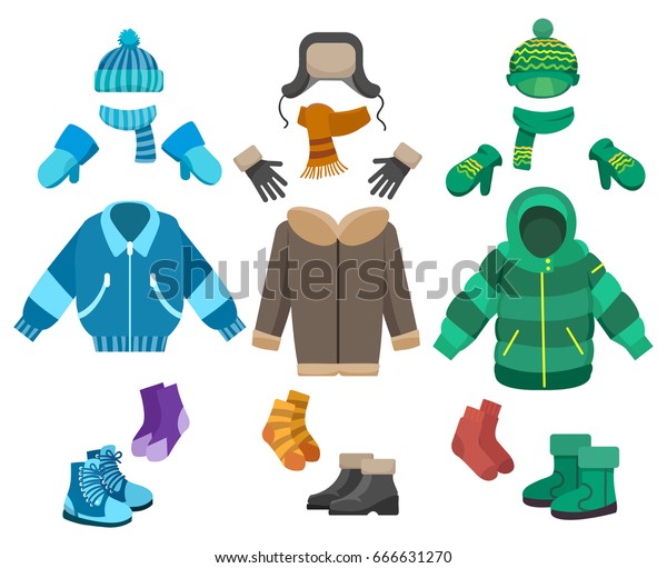白い背景に男性の冬の服 男の子用寒い天気服コレクションベクターイラスト のベクター画像素材 ロイヤリティフリー 666631270