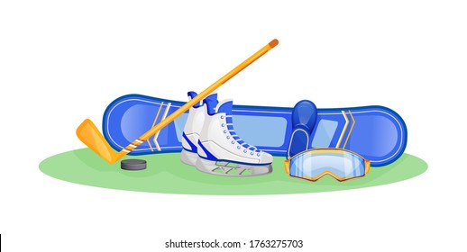 Male winter sport gear flat concept vector illustration. Ice skating and snowboard. Hockey game. Stick with puck. Sports equipment 2D cartoon objects for web design. Man training creative idea