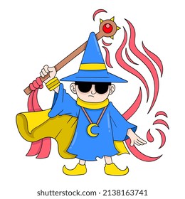 male wizard carrying a magic wand gathering magic energy, vector illustration art. doodle icon image kawaii.