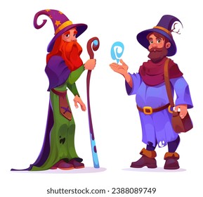 Male wizard characters set isolated on white background. Vector cartoon illustration of old bearded men wearing vintage hats and costumes, wooden staff and spell effect in hands, merlin and sorcerer