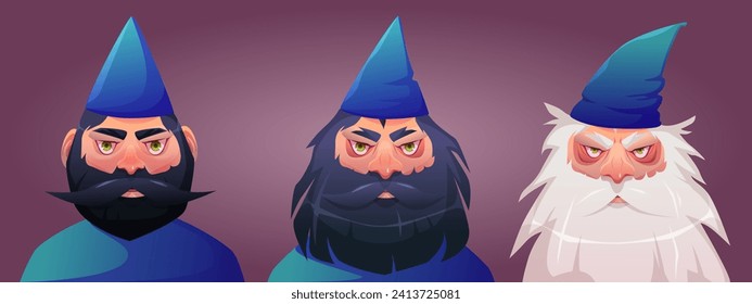 Male wizard portrait - sorcerer face aging process. Cartoon vector illustration set of three ages of man with beard in magician hat. Yulong, adult and elderly warlock front view. Life cycle of merlin.