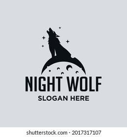 Male wolf roaring at night with full moon silhouette. Illustration of wild animal graphic design at night. Set of wolf line art style vectors.