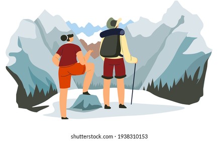 Male and woman in expedition standing on mountain summit covered with snow. Winter and summer activities and actions for tourists. Man and woman with poles and backpack. Vector in flat style