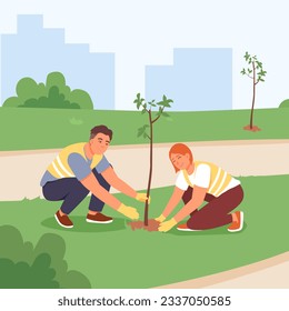 Male and woman planting tree. Help and care of environment. Help planet concept. Garbage collection concept. Flat vector illustration in cartoon style in green colors