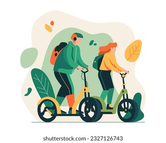 Male and woman riding electric bicycles. Concept of eco-friendly transportation in city. Usage of modern green electric vehicle and outdoor activities. Vector flat illustration in green colors