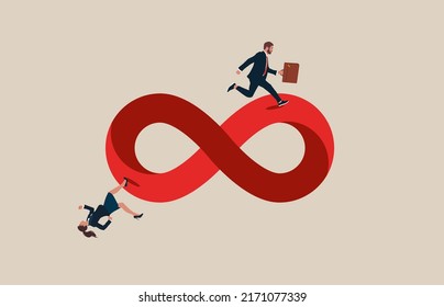 Male and woman running on never ending infinity loop. Business cycle, infinity routine job or career path, competition to success, impossible illusion.