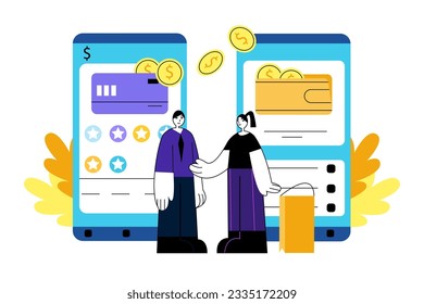 Male and woman sending money through online wallet. Concept of secure mobile banking services, money investment. Getting financial success and money growth. Flat vector illustration in cartoon style