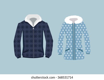 Male and woman winter jacket. Cozy winter clothes wear and accesories. Flat style design icon. Vector illustration