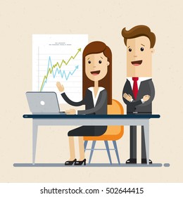 Male and woman works together, colleague, employee. Woman sits at the table on workplace, works on laptop, men stands beside her. Vector, illustration, flat