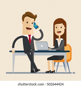 Male and woman works together, colleague, employee. Woman sits at the table on workplace, works on laptop, men stands beside her and talking on  phone . Vector, illustration, flat