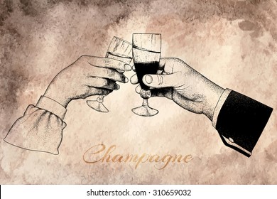 Male and woman's hand holding  glass of champagne.Alcoholic drink design.Engraving vector illustration for posters,emblems,labels,wallpapers.Vector illustration