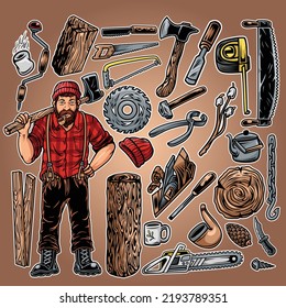 a male woodcutter with amanual chopper with his cutting results