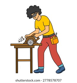 Male woodworker using circular power saw to cut timber on workbench in a professional workshop