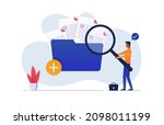Male worker add files to big folder. Storage and indexing of information. Businessman holds magnifying glass. User and data archive. Database, searching info.
