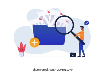 Male worker add files to big folder. Storage and indexing of information. Businessman holds magnifying glass. User and data archive. Database, searching info.