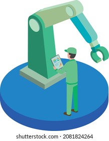 Männlicher Arbeiter, der den Roboterarm justiert