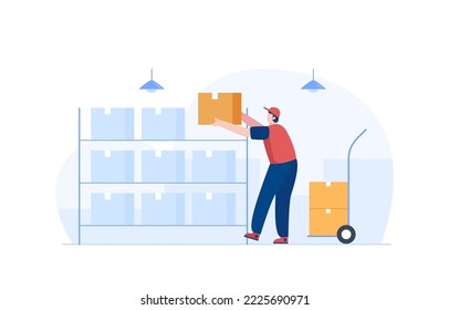 Male Worker Arranging Boxes In Warehouse. Vector Illustration