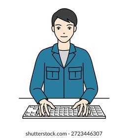 Trabajador masculino en ropa de trabajo azul escribiendo en el teclado