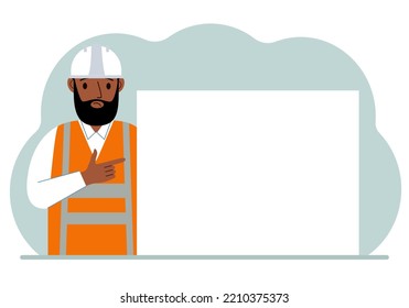 A male worker or builder points his finger at a blank large banner, a blank poster or a large white sheet of paper with space for text. Vector flat illustration.