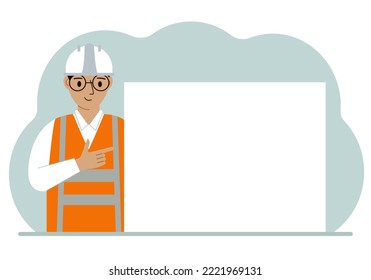 A male worker or builder points his finger at a blank large banner, a blank poster or a large white sheet of paper with space for text. Vector flat illustration.