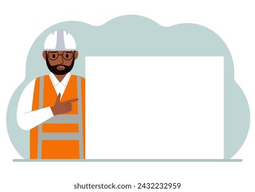 A male worker or builder points his finger at a blank large banner, a blank poster or a large white sheet of paper with space for text.