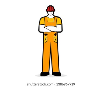 Male worker or builder in working orange clothes and construction helmet. Working concept. Vector illustration