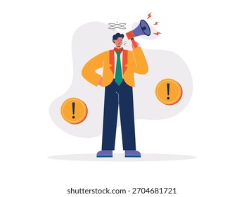 Un trabajador masculino está ocupado con el trabajo mientras habla por megáfono. Diseño de personajes. Ilustración plana de Vector