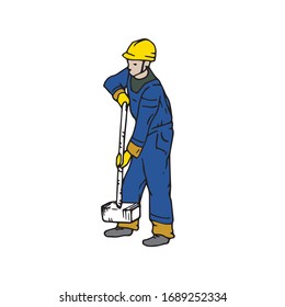 Male Worker Carrying Big Heavy Sledge Hammer An Doing His Work, Hand Drawn Single Illustration. Strong Man In Blue Uniform Holding Tool In His Arms Logo Icon Drawing. Industry Workman Standing Logo.