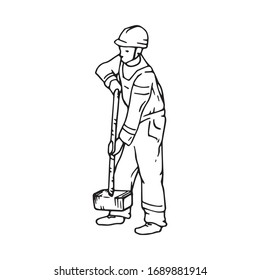 Male Worker Carrying Big Heavy Sledge Hammer An Doing His Work, Hand Drawn Single Outline Illustration. Strong Man In Uniform Holding Tool In His Arms, Icon Drawing. Industry Workman Standing Logo.
