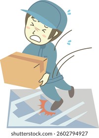 Male worker carrying cardboard box slipping on slippery floor