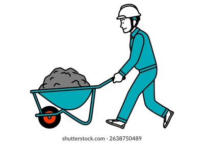 Male worker carrying soil using a wheelbarrow