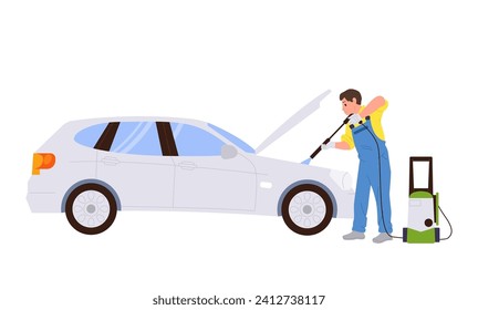 Male worker cartoon character washing car providing professional service cleaning auto engine