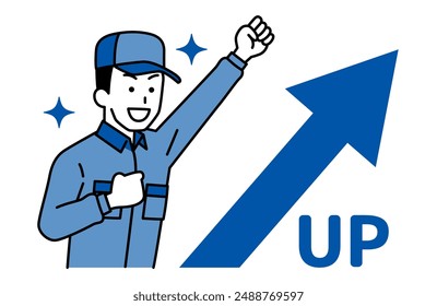 Male worker celebrating with a fist pump and an arrow rising