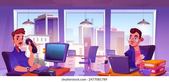 Male worker characters in business office with desk and chair, computers and large window. Man sitting at table with pc monitor and laptop, phone and paper documents. Cartoon vector employee persons.