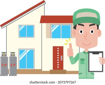 Male worker checking the installation status of propane gas