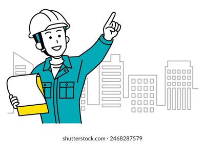 A male worker in the city points into the distance while holding a document