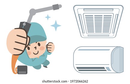 Male worker cleaning the air conditioner