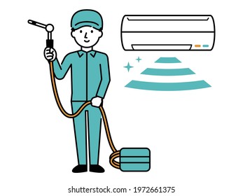 Male worker cleaning the air conditioner