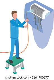 Male worker cleaning the air conditioner