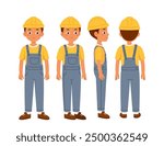 Male worker constructor. Man in protective hardhat. Kit for creating cartoons. Pack of character in different poses. Builder and architect. Flat vector collection isolated on white background