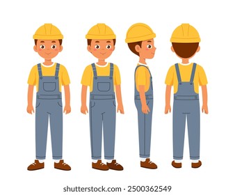 Trabajador constructor masculino. Hombre con casco protector. Kit para crear dibujos animados. Pack de personajes en diferentes poses. Constructor y arquitecto. Colección plana del Vector aislada en el fondo blanco