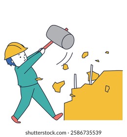 A male worker demolishing a wall by hitting it with a hammer