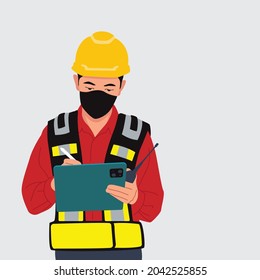 Male Worker Do A Checklist With Safety Gear And Helmet And Mask