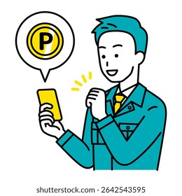 Male worker earns points using a smartphone