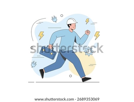 A male worker or electrician in a white hard hat and blue uniform, running while carrying a tool bag. Concepts of emergency service, quick response, maintenance in the electrical profession.