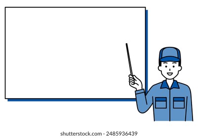 Male worker explaining with a pointer in front of a whiteboard