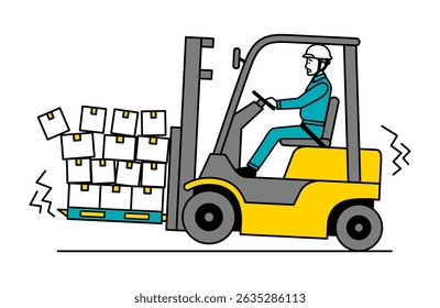 Male worker fails to transport a load with a forklift